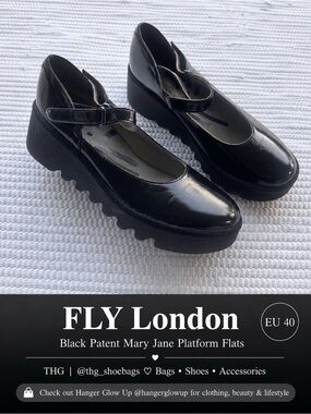 FLY London Black Patent Mary Jane Platform Shoes EU 40 Chunky Comfort Leather